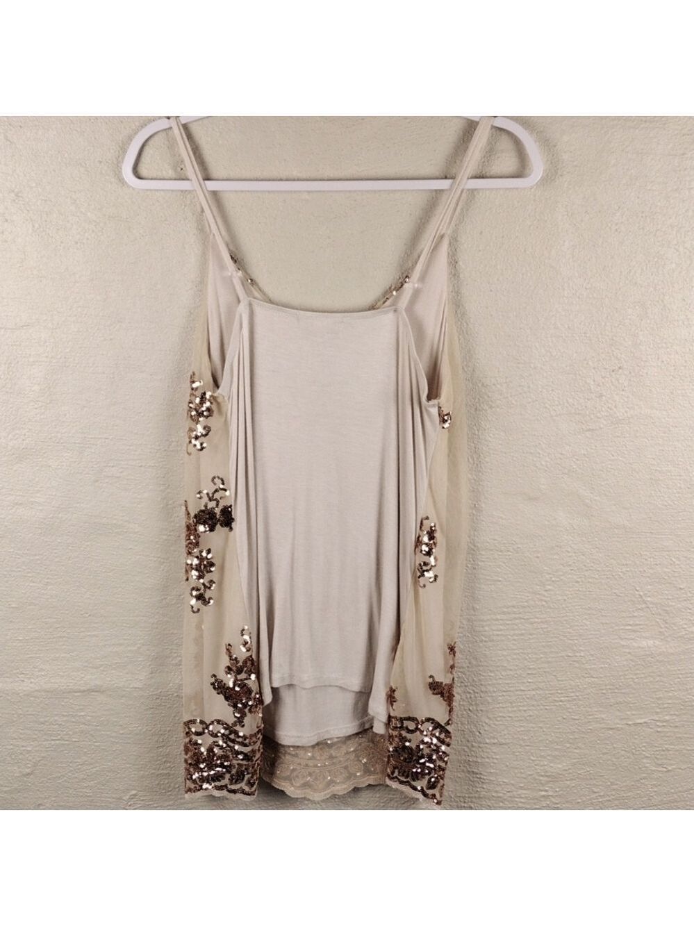 About A Girl Cream Tan Tulle Metallic Sequin Overlay Spaghetti Strap Tank Top - Picture 11 of 16
